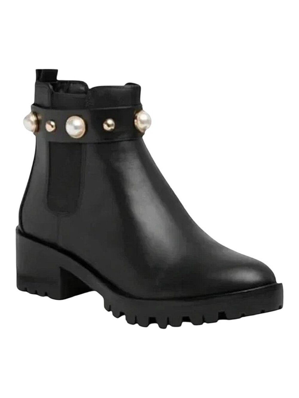 Karl Lagerfeld Pola Black Leather Lugged Bootie Pearls/Studs/Edgy/Whimsigoth 10